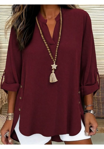 Simala Kadın Truvakar Kol Hakim Yakalı Yandan Düğme Detaylı Aerobin Bluz Bordo