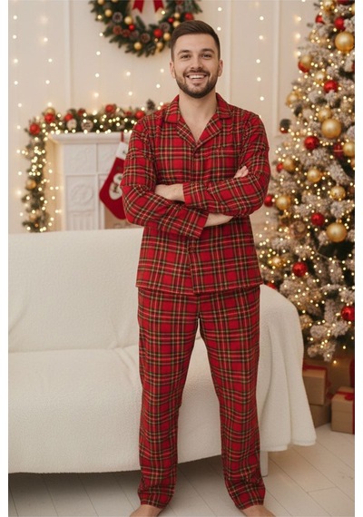 Siyah İnci Erkek Ekoseli %100 Pamuklu Örme Düğmeli Pijama Takım 7985 Kırmızı Ekose