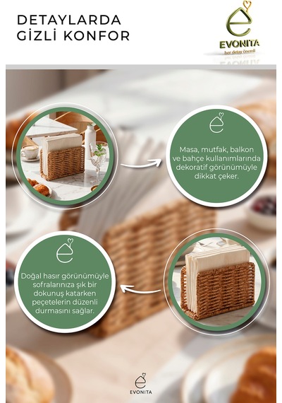 Kare Rattan Görünümlü Peçetelik Hasır Dokulu Masaüstü Peçete Standı Dekoratif Mutfak Organizer Kahverengi
