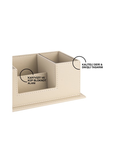 Masaüstü Deri Organizer Kalemlik 4 Gözlü Desktop Organizer Rainbow Vegan 10x12x25 Cm. Bej