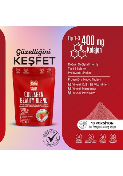Pol's Freeze Fresh Beauty Blend 100 G, Dondurularak Kurutulmuş Meyve Tozu, Kolajen, İnülin, Yüksek Lif, Manganez