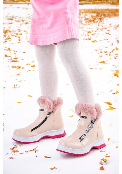 Kiko Kids 250 Rugan Çatlak Fermuarlı Kız Çocuk Bot Ayakkabı Pudra