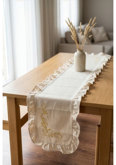 Nakış Detaylı Fırfırlı Masa Runner 40x120 Cm Şık Dekoratif Masa Ve Konsol Örtüsü Bej