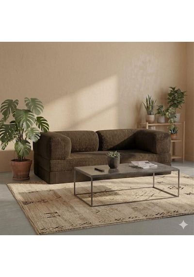 Herev 160x80 Sünger Koltuk İki Kişilik Kanepe Yataklı Yıkanabilir Kadife Kumaşlı Kahve