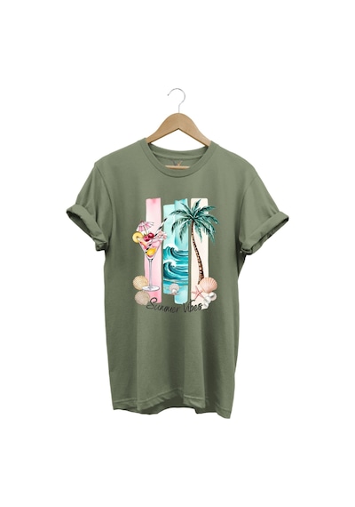 Summer Vibes Yaz Temalı Kokteyl, Palmiye Ve Deniz Desenli %100 Pamuk Regular Fit T-shirt Haki