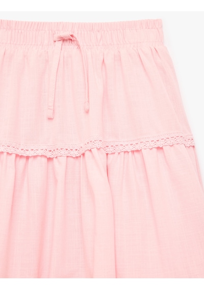 Koton Pamuklu Beli Lastikli Kat Detaylı Astarlı Midi Etek Pembe 6skg70134aw Gül