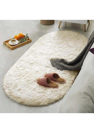 Raschel Carpet Oval Kesme Yolluk Kaymaz Taban Kalın Yumuşak Peluş Halı Özel Taban Krem Krem