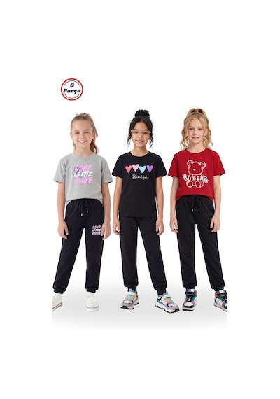 Fyk Kids 3'lü Yuvarlak Yaka Tişörtlü Baskı Detaylı Kız Çocuk 6 Parça Alt Üst Takım Çok Renkli
