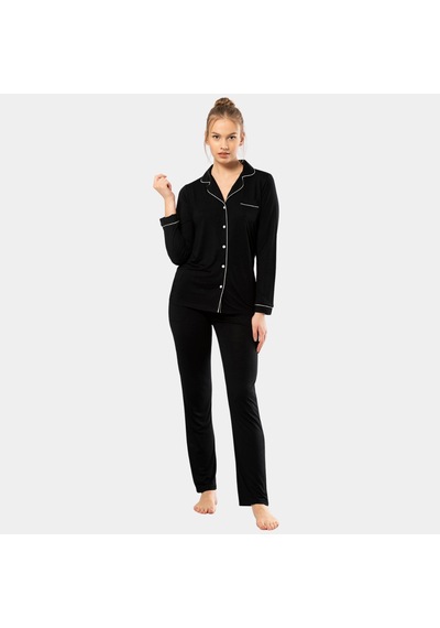 Düz Uzun Kollu Gömlek Yaka Pijama Takım 3365/siyah Çok Renkli