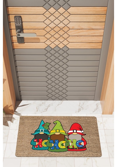 Rugmood Modern Dijtal Baskı Yılbaşı Üç Cüce Ho Ho Ho Yeni Yıl Kapı Önü Paspası Çok Renkli