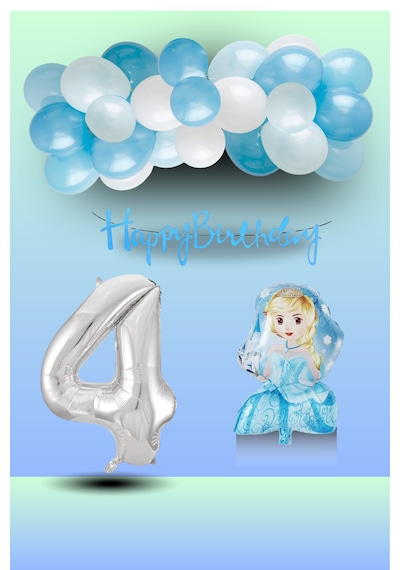 4 Yaş Frozen Tema Prenses Folyo Balon Mavi Beyaz Balon Gümüş Rakam Mavi Banner Doğum Günü Seti Çok Renkli