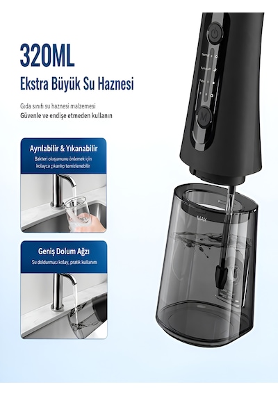 Ipx7 Ağız Duşu 320ml 5 Başlık 4 Mod 20-140 Psı Şarjlı Diş Temizleme Oral Irrigator Siyah