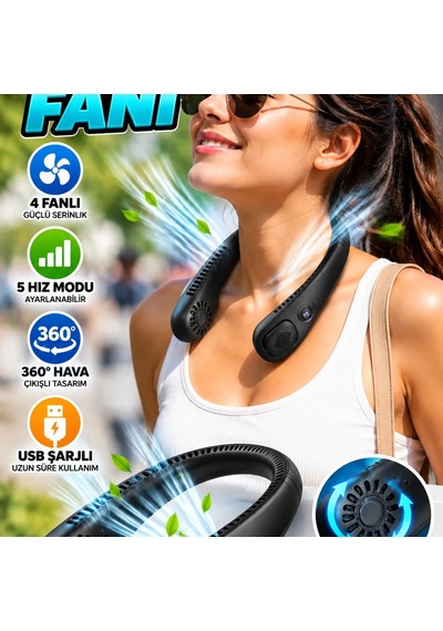 4 Fanlı Boyun Askılı Taşınabilir Fan 5 Hız Modlu 360 Hava Çıkışlı Usb Şarjlı