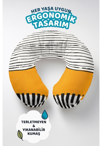 Siyah Beyaz Çizgili Ergonomik Boyun Yastığı - Modern Sarı Detaylı Yetişkin Seyahat Yastığı Deniz Turkuaz