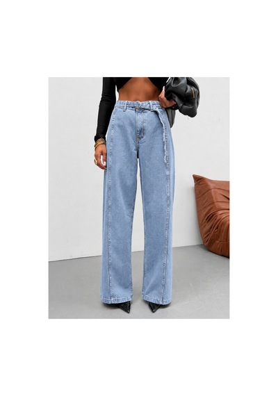Kene Jeans Kemer Kuşaklı Buz Kar Ön Detaylı Denim Palazzo Pantolon Mavi
