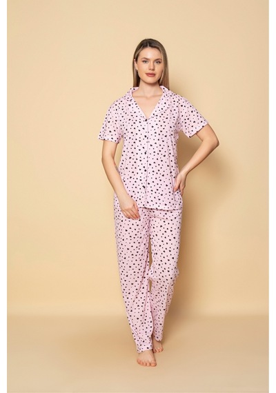 SUDE HOMEWEAR Kadın Gömlek Desenli Kısa Kol Pijama Akımı Pembe