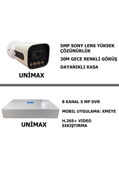 Unımax 5mp Sony Lens 8 Kameralı Güvenlik Seti 100m Kablo 30m Gece Görüş Xmeye Warmled