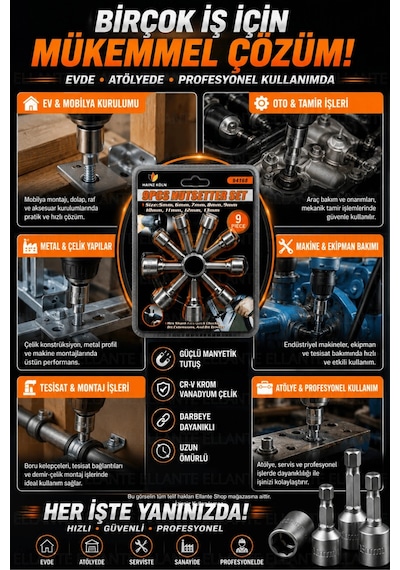 9 Parça Manyetik Somun Lokma Uç Seti 5-13 Mm Cr-v Çelik Matkap Ve Akülü Vidalama Uyumlu Hex Lokma Uç