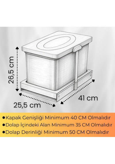 Cassone 16 Litre Kısa Eviye Altı Dolaba Uygun Dolap İçi Raylı Antrasit Paslanmaz Krom Çöp Kovası - Kapak Genişliği 40 Cm Antasit