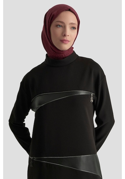 Armine Trend Deri Ve Fermuar Detaylı Fitilli Tunik Siyah 25kt452 Siyah