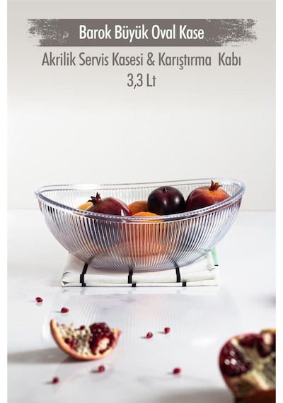 Akrilik Barok Şeffaf Büyük Oval Meyve & Salata Kasesi & Karıştırma Kabı / 3,3 Lt Cam Değildir Diğer