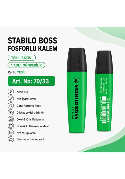 Boss Fosforlu Kalem 1 Adet Metin İşaretleme Kalemi Yeşil