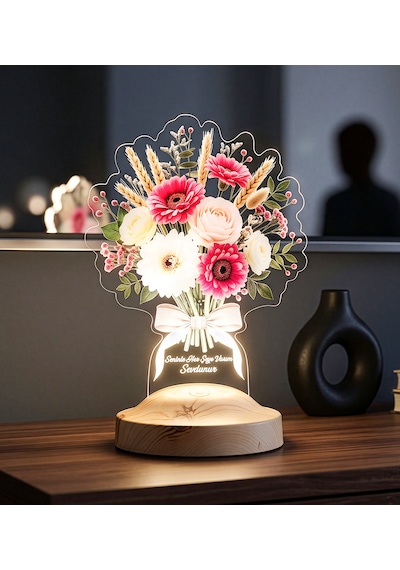 Günbatımı Gerbera Buketi Led Lamba - İsme Özel Solmayan Çiçek Buketi Yıldönümü Ve Sevgililer Günü Hediyesi