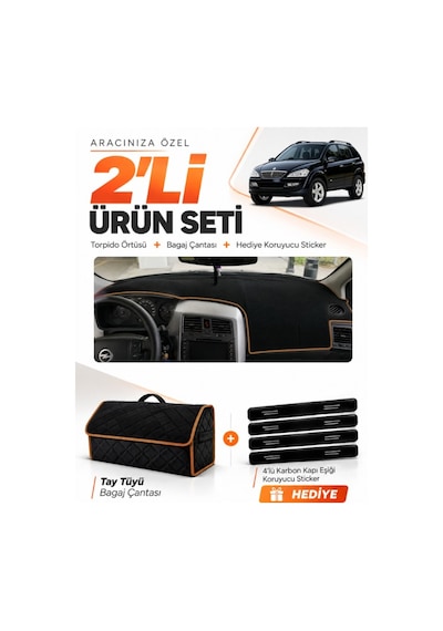 E-biz Ssangyong Kyron 2005-2012 Uyumlu Torpido Örtüsü + Tay Tüyü Çanta - Siyah-kahverengi - Ss001