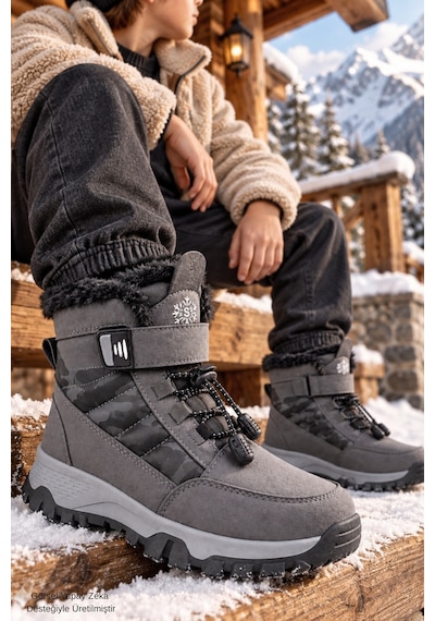 Muggo Peak İçi Kürklü Cırtlı Ve Bağcıklı Unisex Çocuk Kar Botu Gri