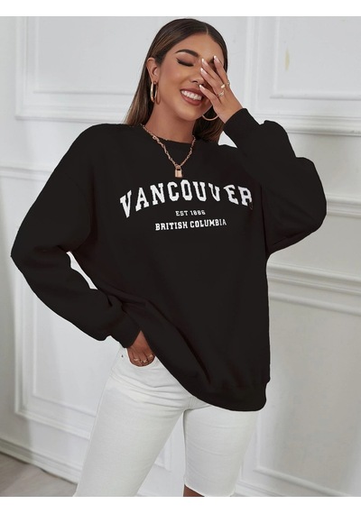 Oversize Vancover Baskılı Bisiklet Yaka Sweatshirt Siyah