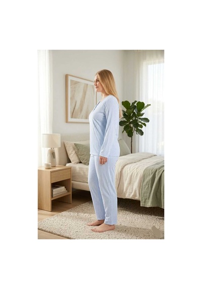 Eyfuze Kadın Büyük Beden Desenli Yakası Düğmeli Uzun Kollu Bambu Pijama Takımı Buz Mavisi Eyfuze Kadın Büyük Beden Desenli Yakası Düğmeli Uzun Kollu Bambu Pijama Takımı Buz Mavisi