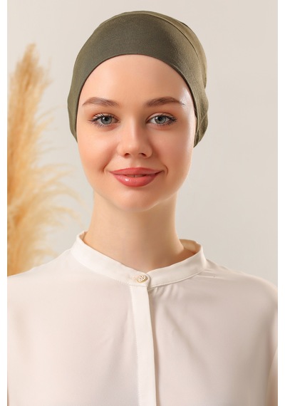 Melodi Scarf Tesettür Silikonlu Kaymaz Bone - Likralı Bağlamalı Bone - Sıkmayan Rahat Nefes Alan Kumaş Haki