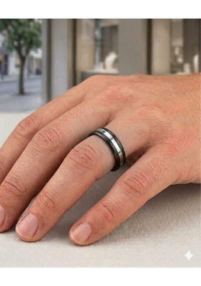 Erkek Silver Renk Çizgi Detay 6 Mm Tungsten Yüzük Silver - Siyah