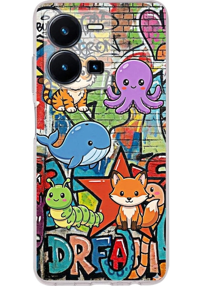 Vivo Y22s İle Uyumlu Grafiti Mini Tasarımlı Şeffaf Silikon Kılıf Şeffaf