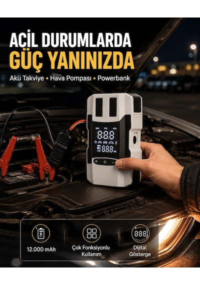 Dijital Ekranlı Araç Pompası Akü Takviye Powerbank 12.000 Mah Yeni Nesil Najmaddin