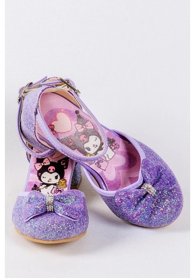 Nese Shoes Kız Çocuk Topuklu Ayakkabı, Karakter Baskılı Simli Fiyonklu Abiye Mor