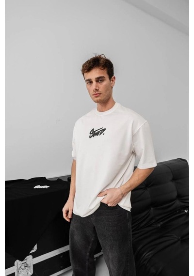 Erkek Tişört Yazlık Baskılı Oversize Kısa Kol T-shirt - Beyaz