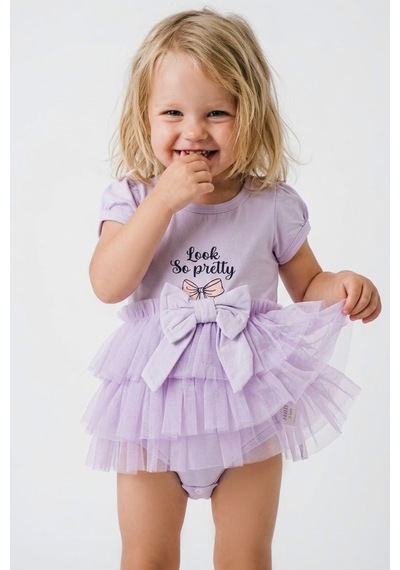 Breeze Kız Bebek Kısa Kollu Çıtçıtlı Zıbın Elbise Tütü Etekli Fiyonk Detaylı 6 Ay - 2 Yaş , Lila