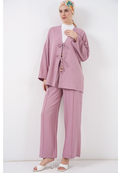 Bigdart Kadın Keten Kimono İkili Takım 6727 - Gülkurusu
