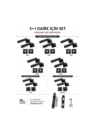 Lama Kare Rozetli Kapı Kolu 7'li Kapı Kolu Ve 40mm Sessiz Kilit Set 3+1 Daire Için Geçerli Siyah