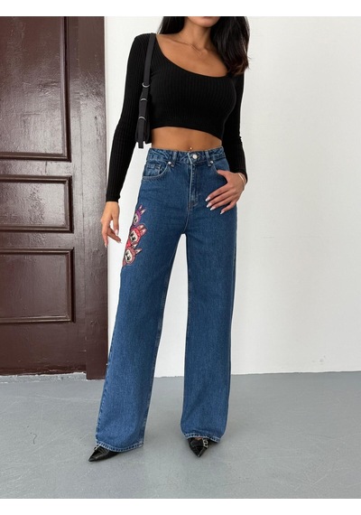 Kadın Nakış Detaylı Wide-leg Jean Kot Pantolon Mavi+koyu