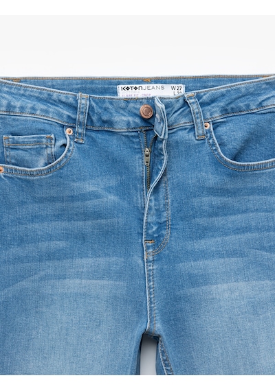 Koton Yüksek Bel Kısa İspanyol Paça Jean Pantolon - Flare Jeans Orta İndigo 5sal40303md