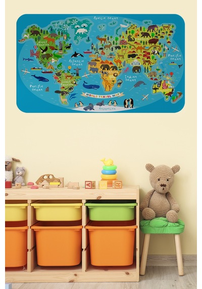 Eğitici Dünya Haritası Dünya Atlası Çocuk Ve Bebek Odası Duvar Sticker-85x130-3808 Çok Renkli