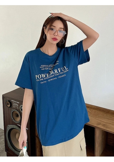 Flood Of Style Kadın Mavi Powerfull Baskılı Oversize Bisiklet Yaka Tişört