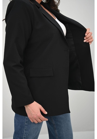 Koza Butik Kadın Büyük Beden Astarlı Düğmeli Blazer Ceket 9008-25-1 Siyah