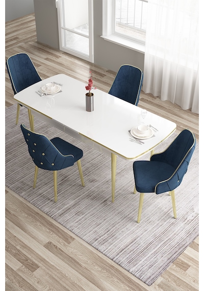 Canisa Tia Serisi 80x132 Açılabilir Mdf Mutfak Masası Takımı Beyaz Masa Gold Detay 4 Lacivert Sandalye Masa Beyaz Sandalye Lacivert Canisa Tia Serisi 80x132 Açılabilir Mdf Mutfak Masası Takımı Beyaz Masa Gold Detay 4 Lacivert Sandalye Masa Beyaz Sandalye Lacivert