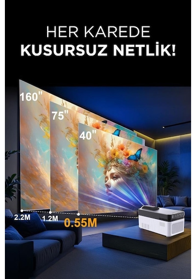 Torima HY450 Android Akıllı 8K-4K 1080 P BLuetooth 5.4 Projeksiyon Cihazı Beyaz