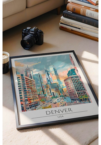 Abd Denver Temalı Çerçeveli Tablo Travel Serisi Modern İllüstrasyon Şehir Duvar Dekoru Siyah