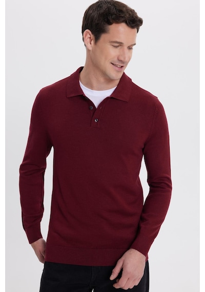 Tudors Erkek Standart Fit Normal Kesim Pamuklu Polo Yaka Bordo Kazak-41883 Bordo