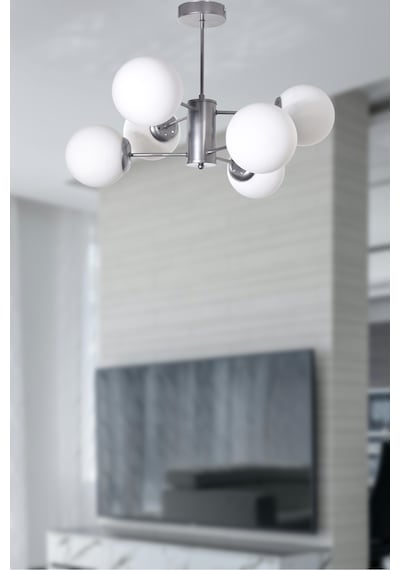 Seul Modern Tasarım Salon Yemek Odası Mutfak Gri Renk Beyaz Camlı Sarkıt 6 Lı Avize Gri Beyaz Gri Beyaz